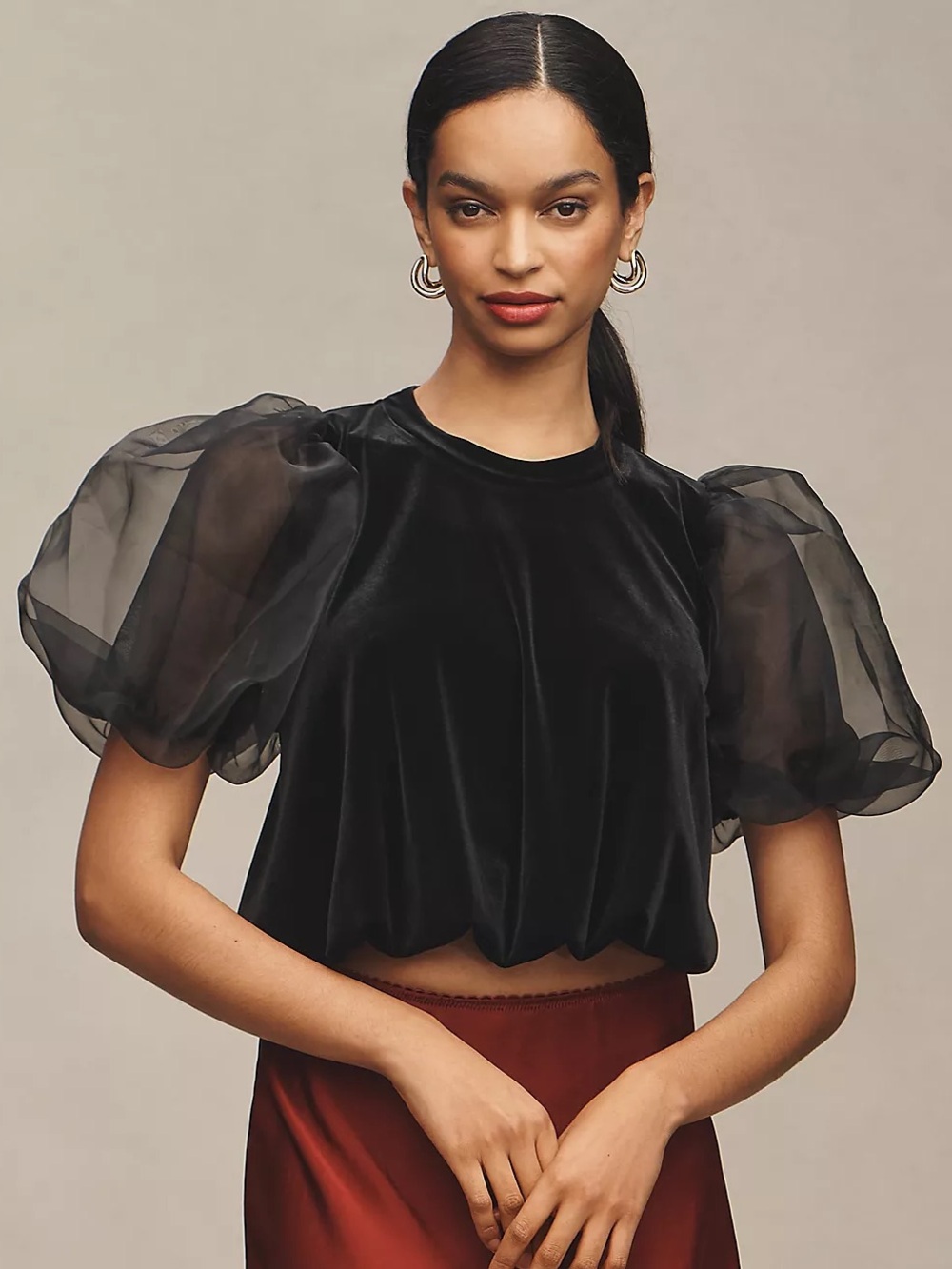 Anthropologie || Maeve Puff-Sleeve Velvet Blouse Top Short Sleeve Black XL